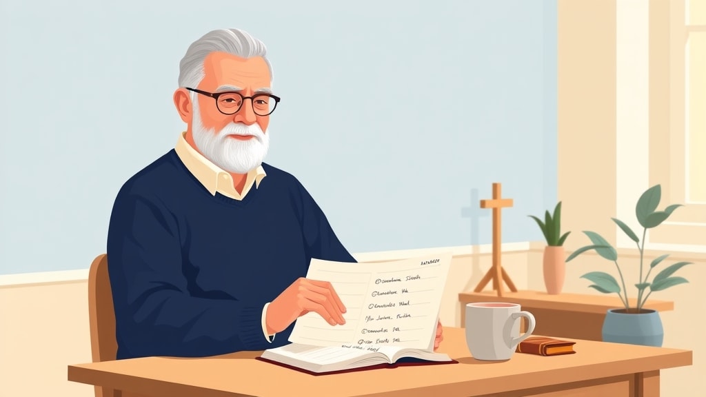 A friendly older white male elder sitting calmly at a simple wooden desk in a warm church office looking at a single open paper planner with short handwritten family names