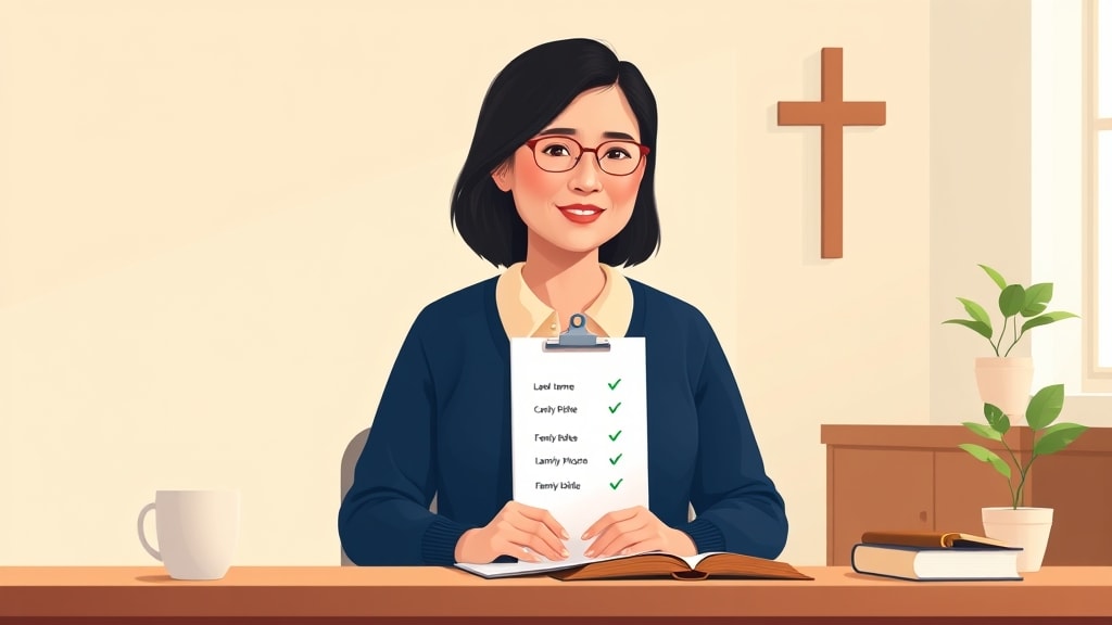 A friendly middle-aged Asian female elder sitting calmly at a simple wooden desk holding a single paper clipboard with a short checklist of family names and green checkmarks