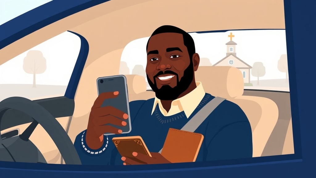 A friendly middle-aged African American male elder sitting calmly in a parked car holding a single phone in one hand at chest height while his other hand rests easily on the steering wheel