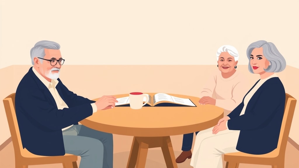 Four diverse elders sitting calmly around a simple round wooden table in a warm church meeting room with one elder holding a single open paper planner