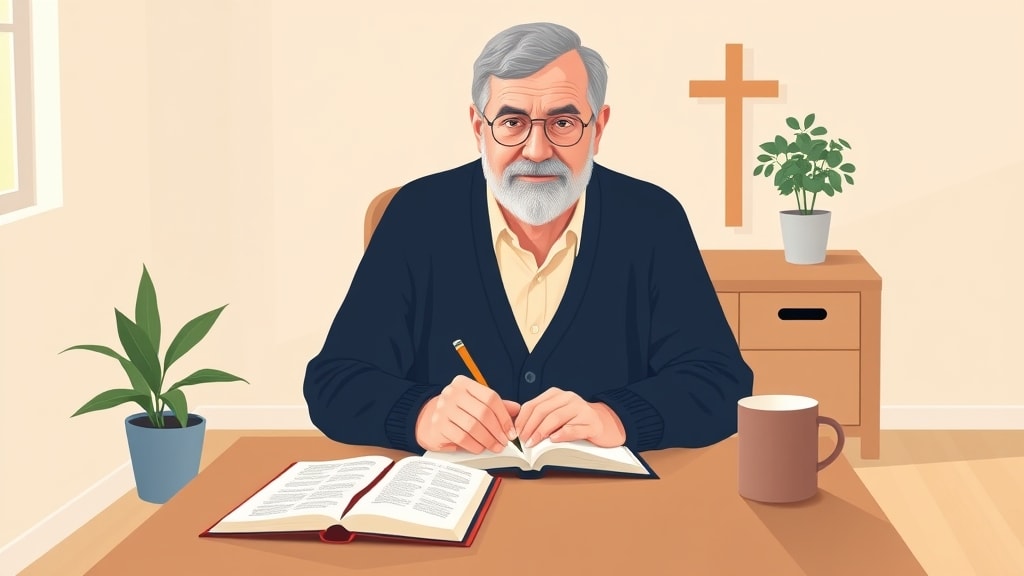 A friendly older white elder sitting at a simple wooden desk in a warm church office writing a single short visit note in a bound paper notebook with a Bible and ceramic mug beside it