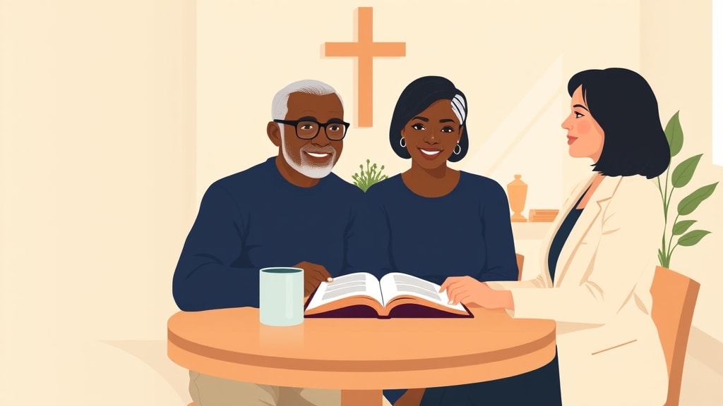Two diverse elders sitting side by side at a simple round wooden table looking calmly at a single printed household list between them on a Sunday afternoon