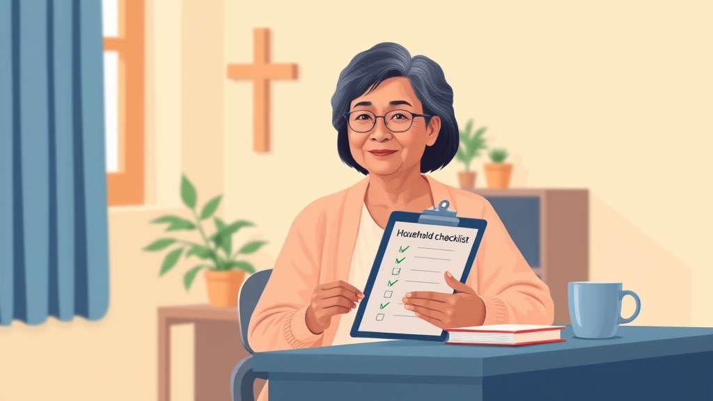 A friendly older Asian woman elder sitting calmly at a simple wooden desk in a warm church office holding a clipboard with a simple printed household checklist with green checkmarks beside a bound paper notebook