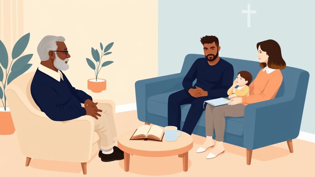 An older friendly African American elder visiting a young multi-ethnic family in a warm living room sitting calmly together with a Bible and two ceramic mugs on the coffee table between them