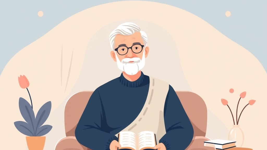 A friendly older white elder with silver hair sitting calmly in a warm living room across from an older couple holding a small Bible in his lap