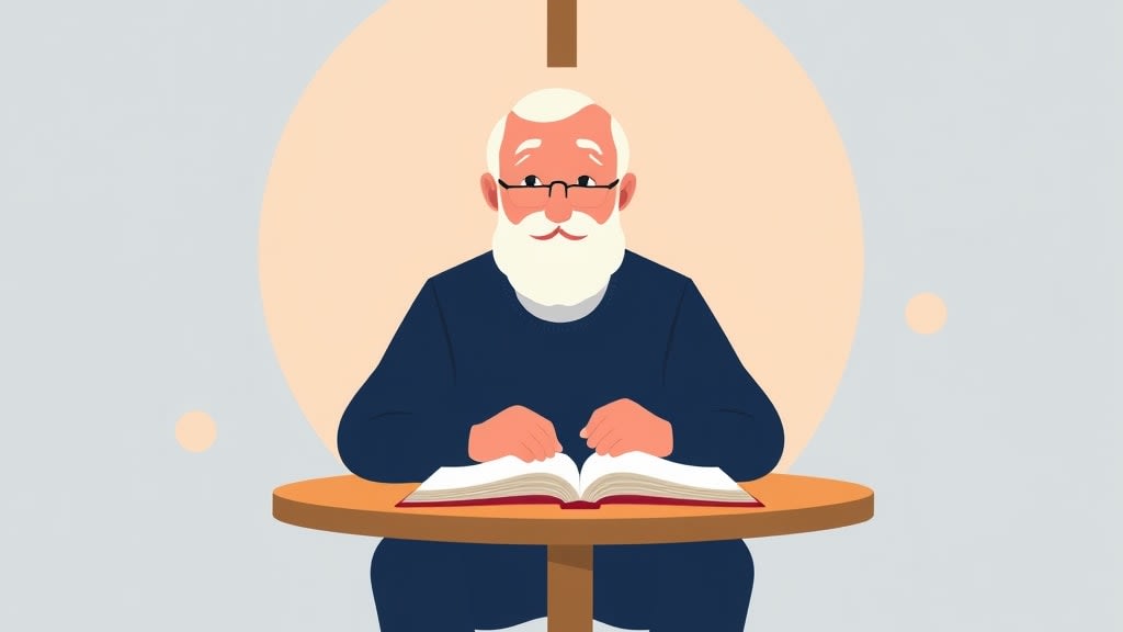 Four diverse elders sitting calmly around a simple round wooden table in a warm church meeting room looking together at a single printed coverage page on the table