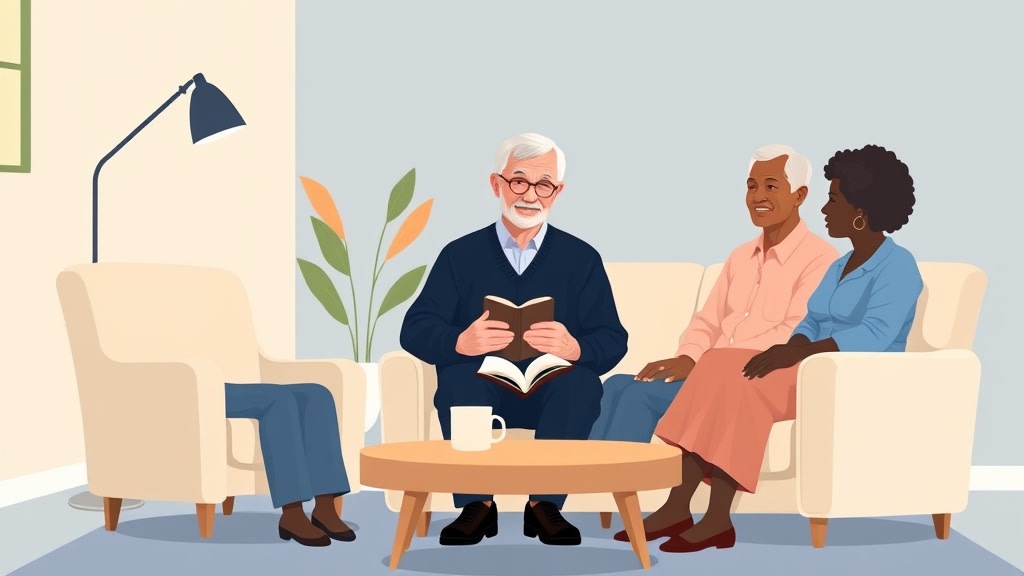 A friendly older white elder with silver hair sitting calmly in a warm living room across from an older couple holding a small Bible in his lap