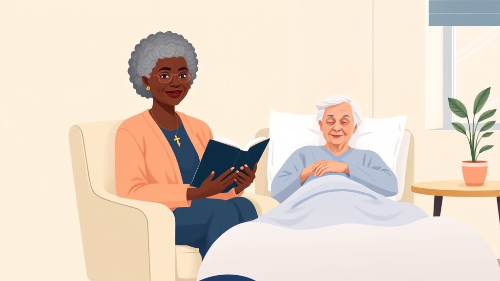 An older Black woman elder sitting in a simple chair beside an elderly white woman in a warm hospital room holding a single small Bible in her lap