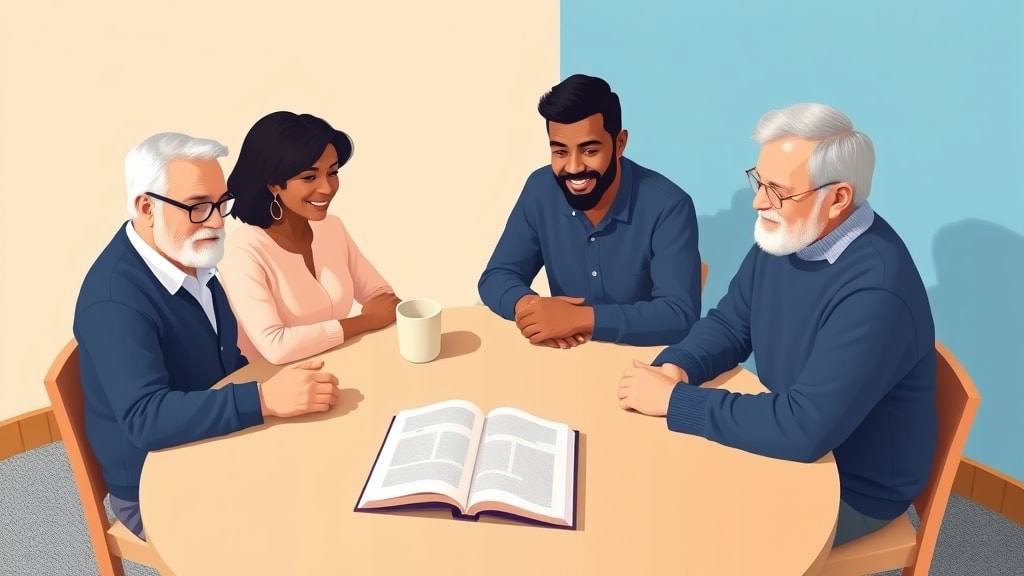 Four diverse elders sitting calmly around a simple round wooden table in a warm church meeting room looking together at a single printed coverage page on the table