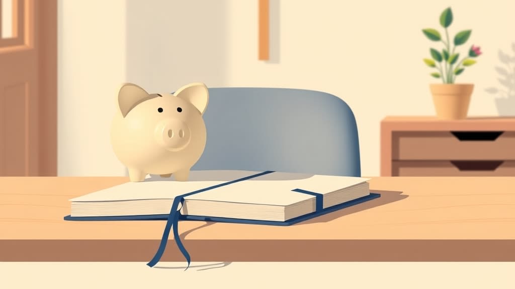 A single small cream piggy bank resting on a plain wooden church office desk beside a small closed cream planner book with a small wooden cross on the cream wall in warm afternoon light, no people