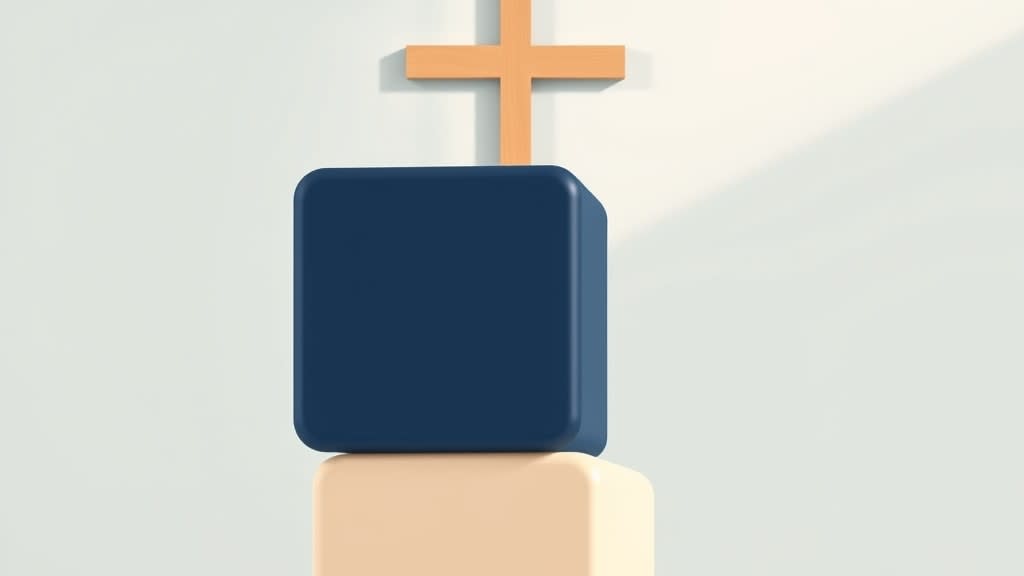 Two simple solid colored building block shapes stacked neatly on a plain wooden church desk beside a small wooden cross in warm morning light, no people