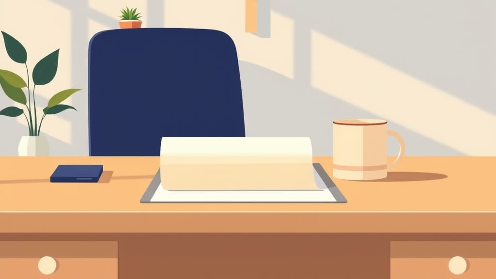 A single neatly folded cream document resting on a plain wooden pastor's desk beside a single simple ceramic mug and a small wooden cross on the cream wall in warm afternoon light, no people
