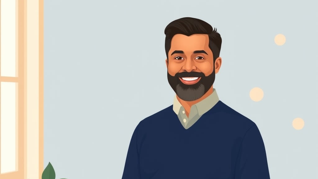 A friendly bearded middle aged South Asian pastor standing warmly beside a plain wooden church office desk in a cream walled room with a small wooden cross on the wall, both hands resting gently at his sides