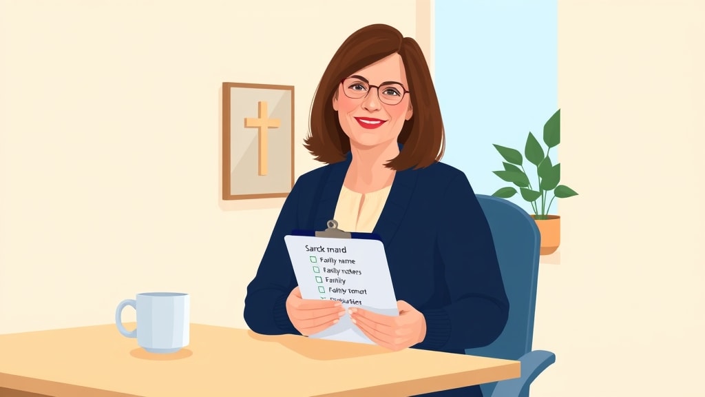 A friendly middle-aged white female care chair sitting calmly at a simple wooden desk in a sunlit church office holding a clipboard with a checklist of family names and small green checkmarks