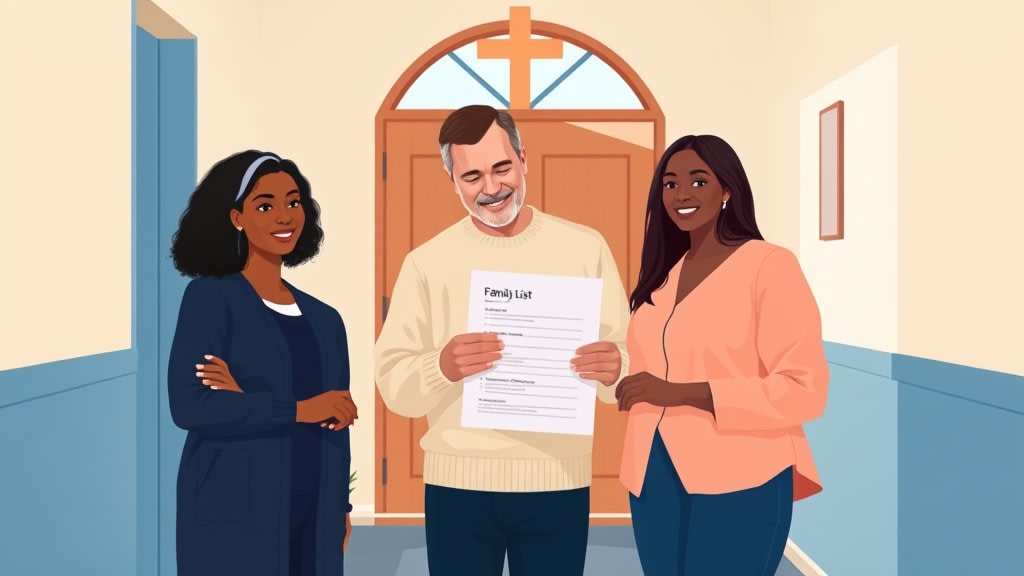 Three diverse church care volunteers standing together calmly in a sunlit church hallway looking at a single printed family list one of them holds at chest level