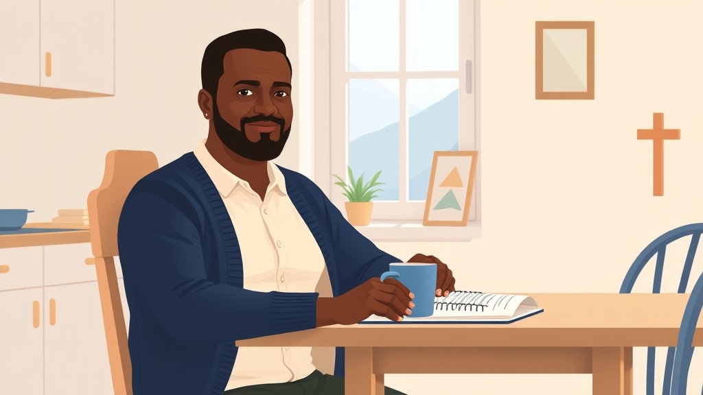 A friendly middle-aged African American care chair sitting calmly at a simple kitchen table at home on a quiet Sunday afternoon looking at an open spiral notebook with one ceramic mug beside it