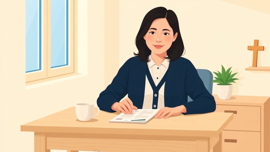 A friendly young Asian woman care volunteer sitting calmly at a simple desk in a small home office holding a simple phone in one hand while a printed family list rests flat on the desk in front of her