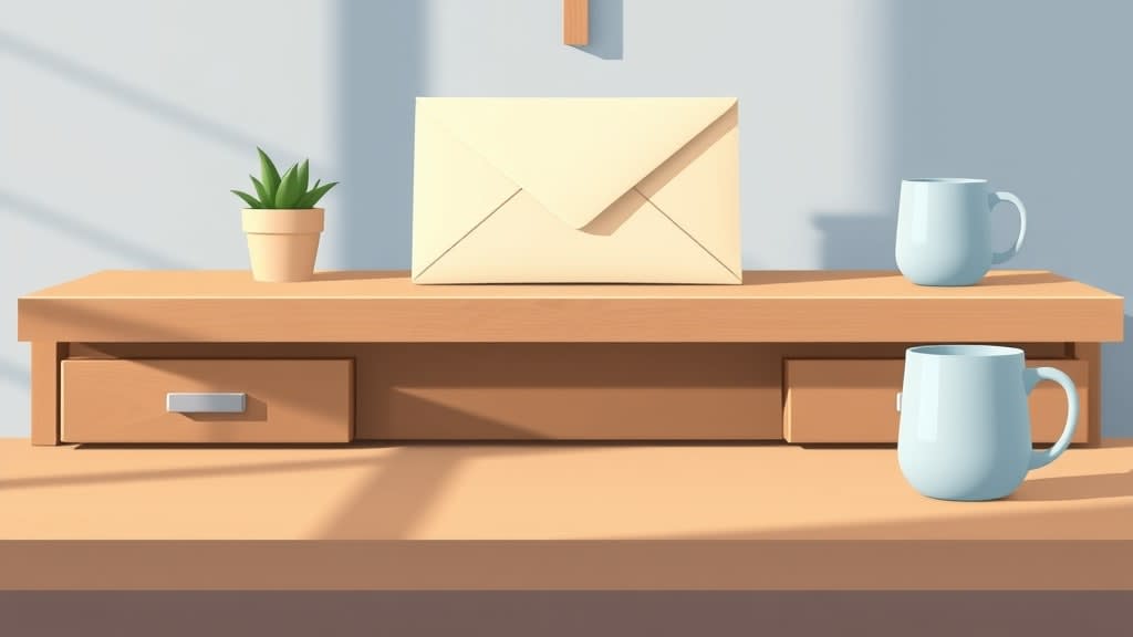 A single closed cream envelope resting on a plain wooden desk in warm afternoon light beside a small wooden cross and a small potted plant, no people