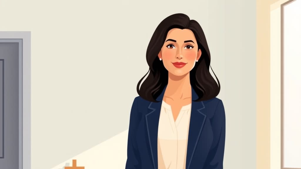 A friendly middle aged Latina pastoral care coordinator standing calmly beside a plain wooden desk in a warm cream walled church office with both hands resting gently at her sides