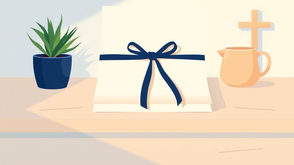 A single neatly folded cream paper document with a small navy ribbon resting on a plain wooden desk beside a small potted plant in soft warm light, no people