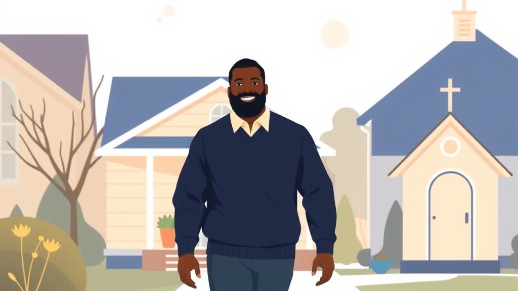 A friendly bearded middle aged Black male deacon walking calmly along a quiet neighborhood sidewalk in soft late afternoon light with both hands resting at his sides