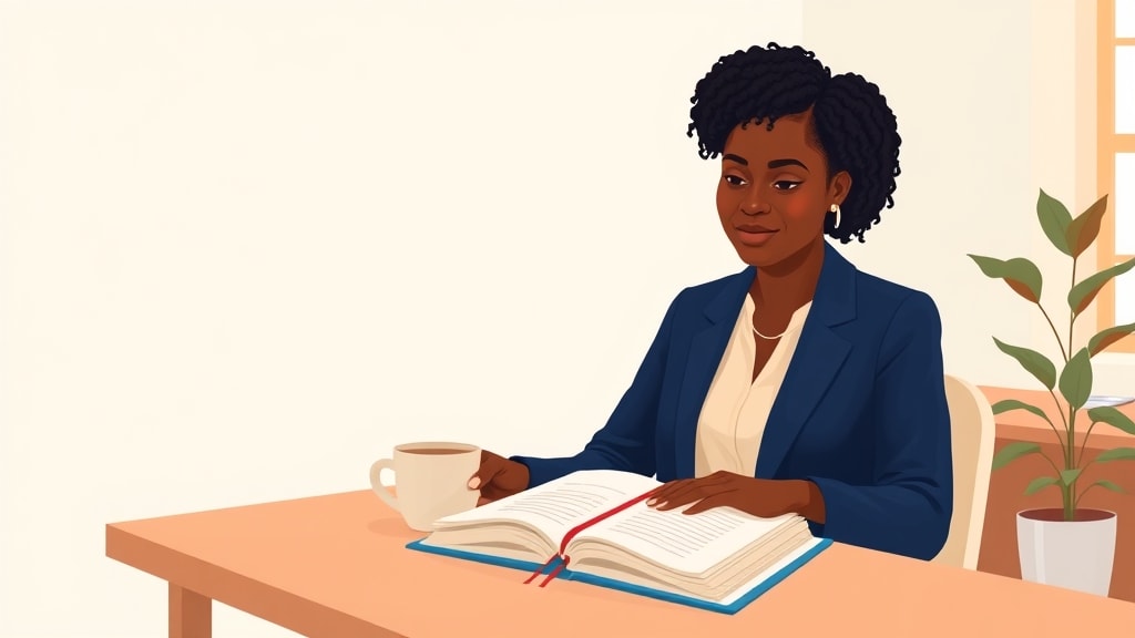 A friendly middle aged Black woman deacon sitting calmly at a simple wooden desk in a warm cream walled church office resting one hand on an open planner book with a single ceramic mug beside it
