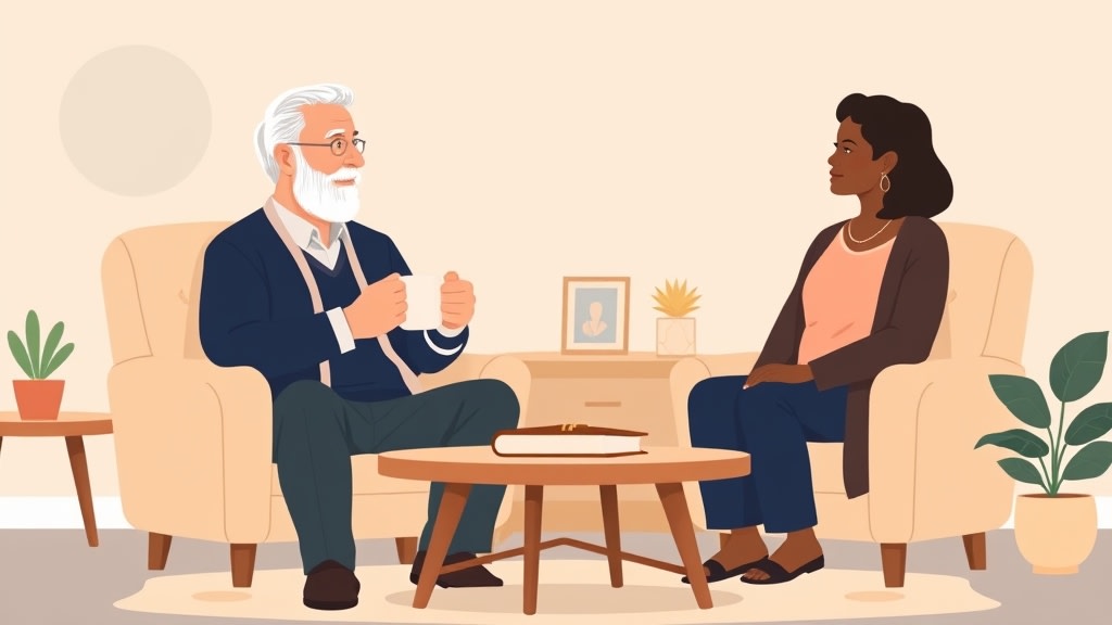A friendly older white male pastor sitting calmly in a warm cream walled living room across from a middle aged widow both holding simple ceramic mugs with a small closed Bible on the table between them