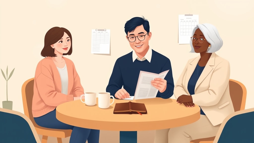 Three diverse small church care team members sitting calmly around a simple round wooden table in a warm cream walled meeting room with one member holding a single open paper planner and a wall calendar visible behind them