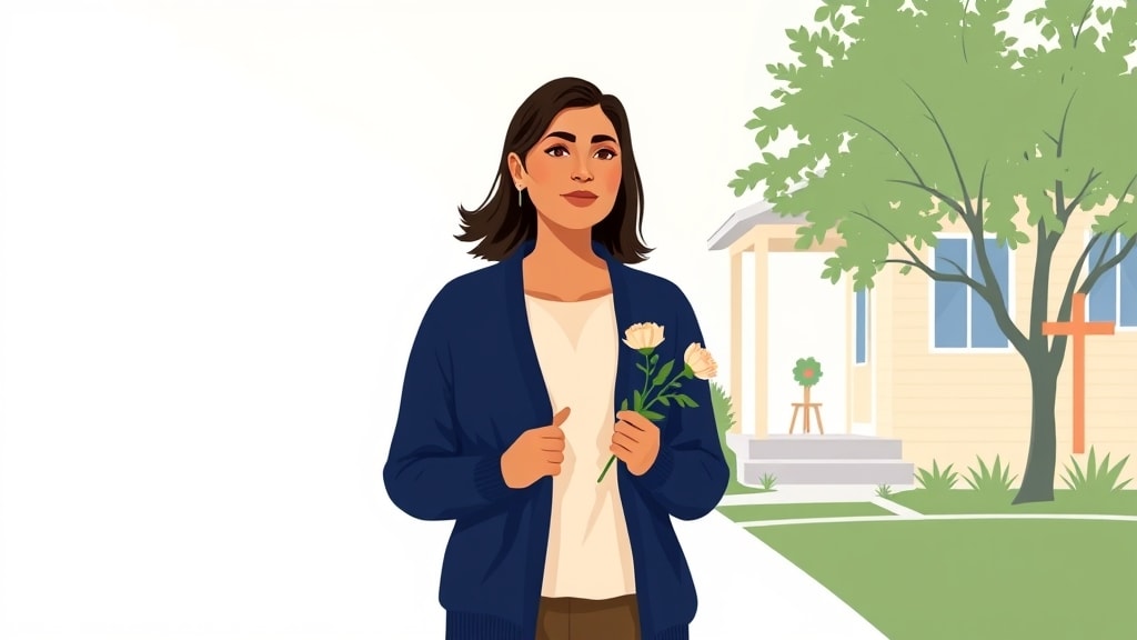 A friendly young Hispanic woman deacon walking calmly along a quiet neighborhood sidewalk in soft late afternoon light holding a small bouquet of soft peach flowers at her side
