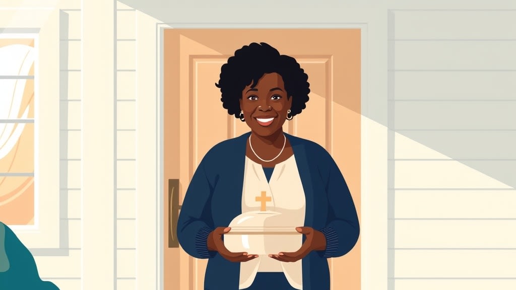A friendly middle aged Black woman church visitation volunteer standing warmly on the front porch of a cozy home holding a single small covered dish, a wooden cross visible on the door frame, soft afternoon light