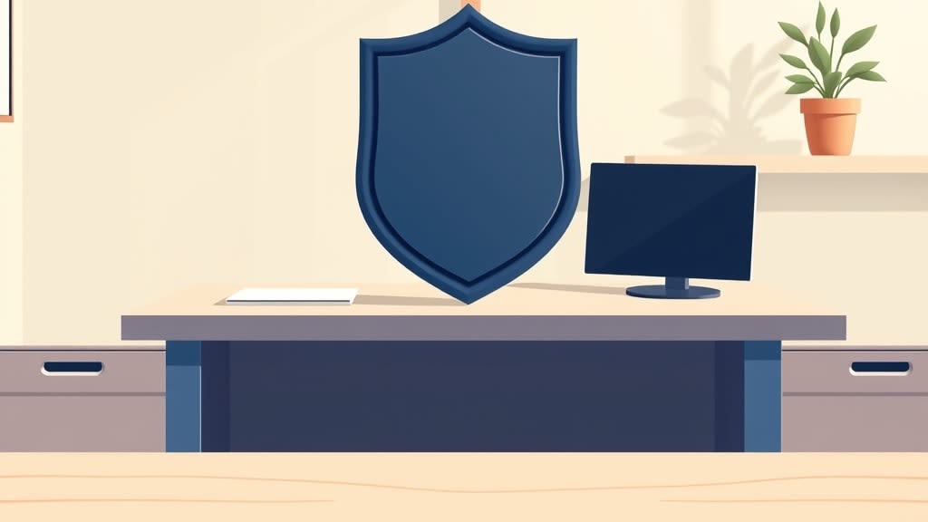 A single soft navy shield badge resting upright on a plain wooden church office desk in warm morning light with a small wooden cross on the cream wall in the background, no people