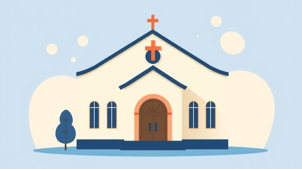 A small simple cream and navy hospital building with a soft rounded roof and a small wooden cross above the entrance sitting on a light blue background with gentle decorative shapes, no people