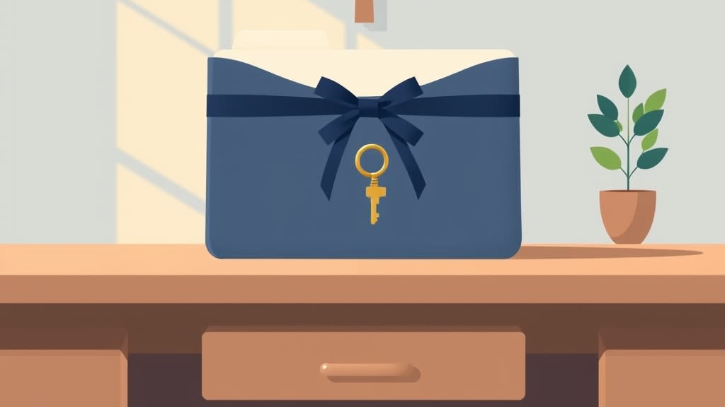 A single closed cream folder with a soft navy ribbon tie and a small brass key resting on top on a plain wooden church office desk in soft afternoon light with a small wooden cross on the cream wall in the background, no people