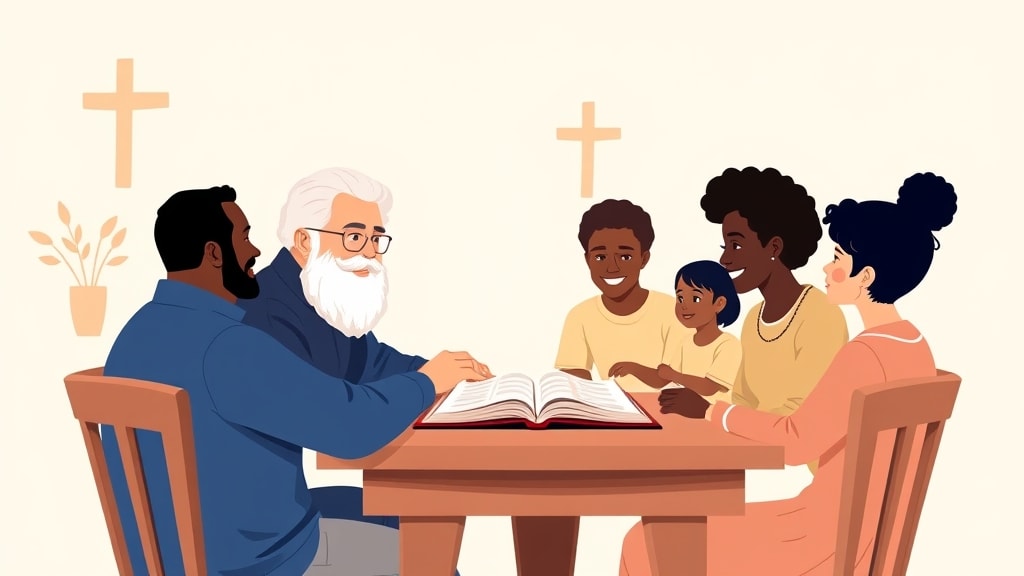 A friendly deacon sitting at a kitchen table with an open planner, smiling across at a multi-ethnic family