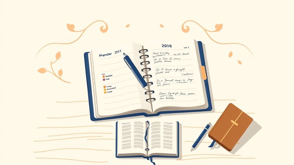 An open weekly planner with bookmarks and handwritten notes representing a contact schedule
