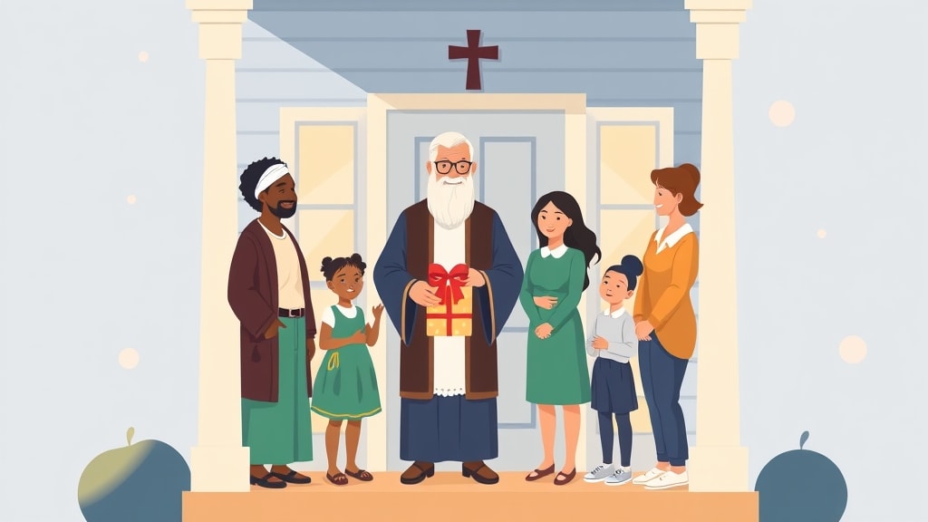 A church elder standing on a porch, holding a small gift basket, greeting a family at their door