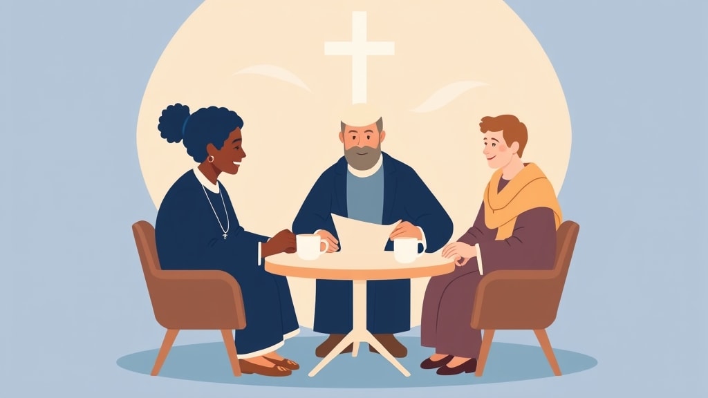 A pastor and two deacons in a small meeting, reviewing notes together at a round table