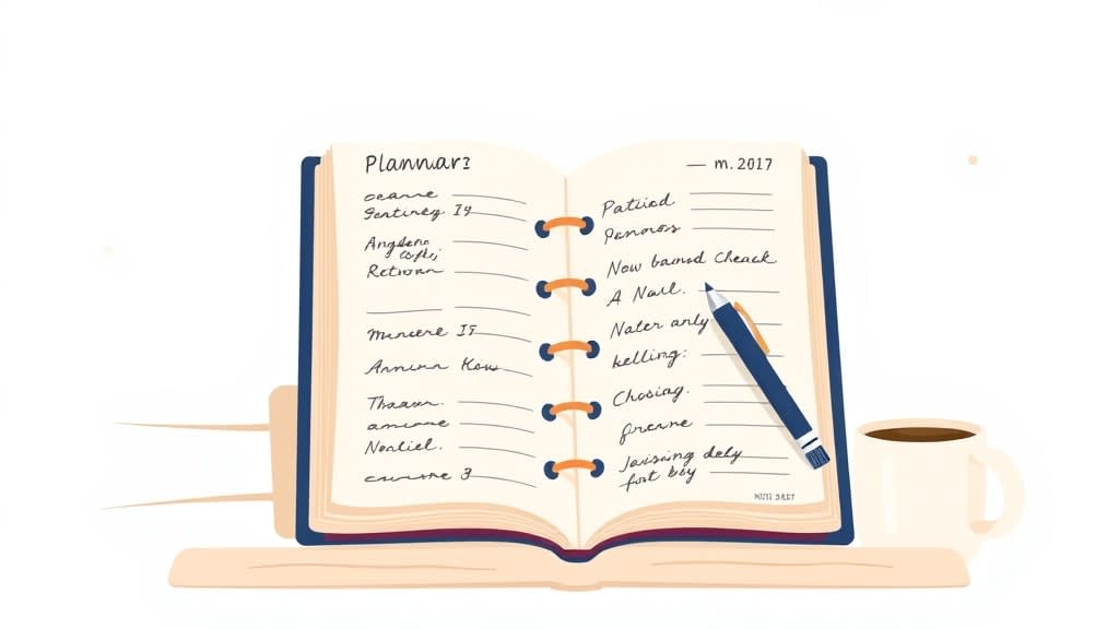 A friendly deacon sitting at a kitchen table with an open planner, smiling across at a multi-ethnic family