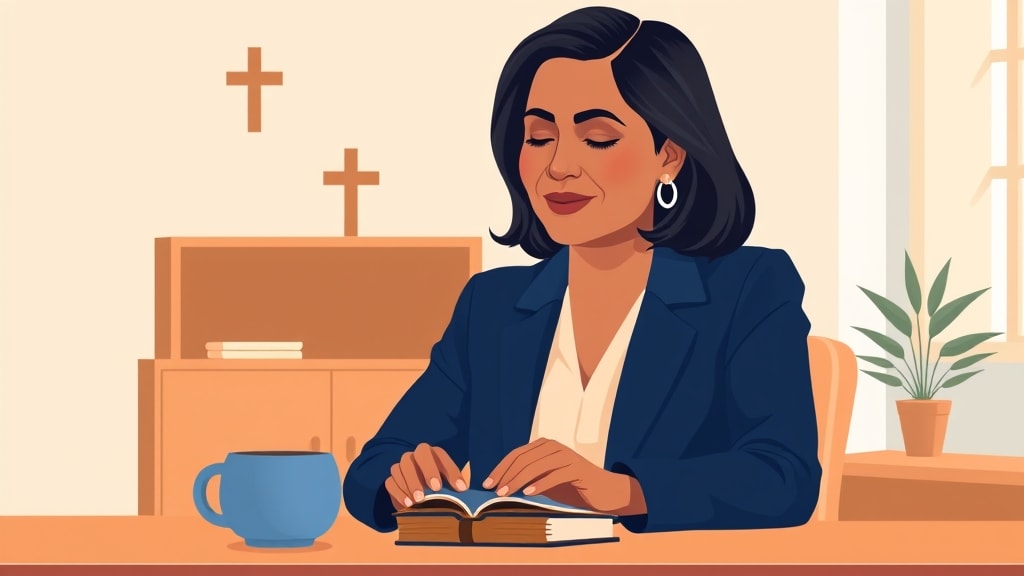 A friendly middle aged Hispanic woman deacon sitting calmly at a simple wooden desk in a warm cream walled church office resting one hand on a small closed leather notebook with a single ceramic mug beside it