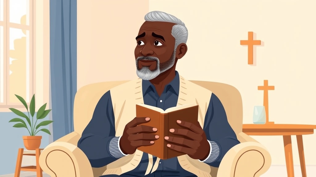 A friendly older Black male pastor sitting calmly in a warm cream walled church office holding a single closed leather Bible at chest height looking thoughtfully at a small potted plant on the desk