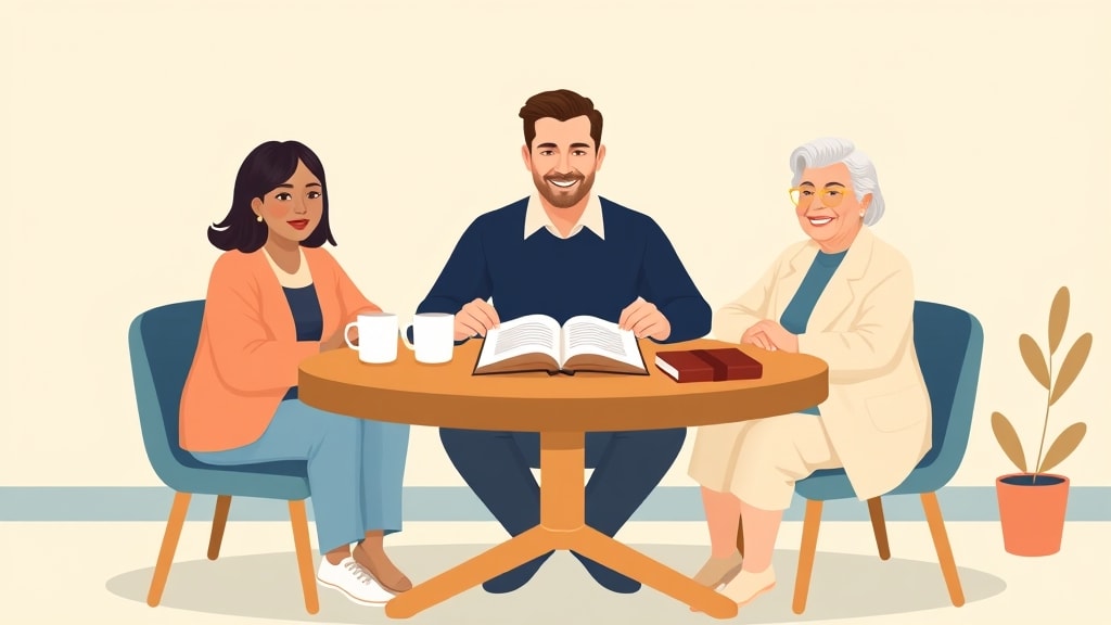 Three diverse small church care team members sitting calmly around a simple round wooden table in a warm cream walled meeting room with one member holding a single open paper roster with a short handwritten list