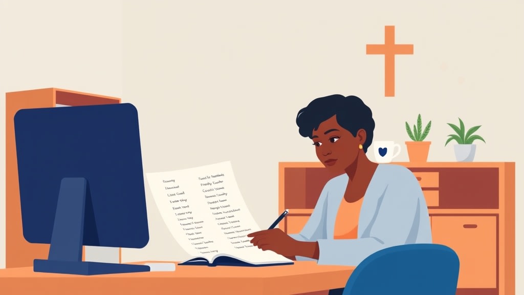 A church leader sitting at a wooden desk thoughtfully reviewing a printed list of family names with a pen in hand