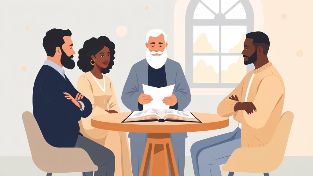 A pastor and two deacons gathered around a small table looking at a simple printed list together