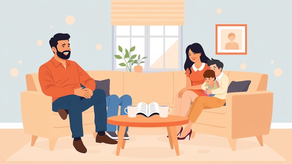 A friendly deacon sitting on a couch in a warm living room visiting with a young multi-ethnic family
