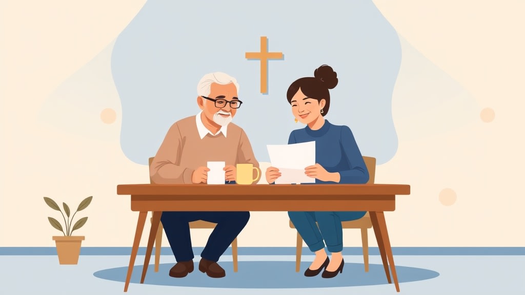 A deacon chair and a pastor sitting side by side at a desk reviewing a single printed page together