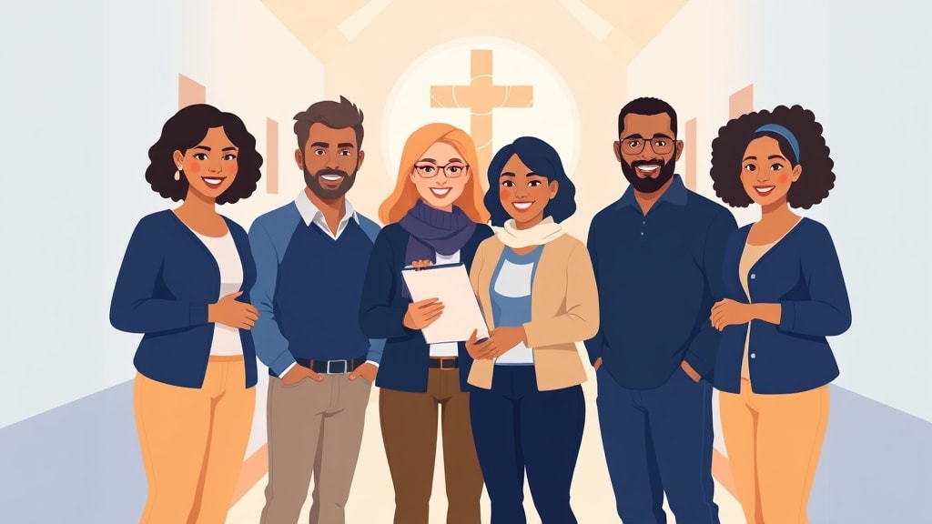A diverse group of four church care team volunteers standing together warmly in a church setting
