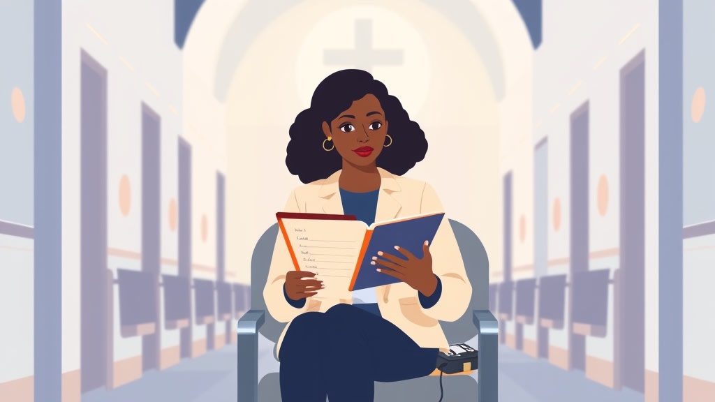 A church care volunteer sitting in a corridor looking at a handwritten list on a clipboard