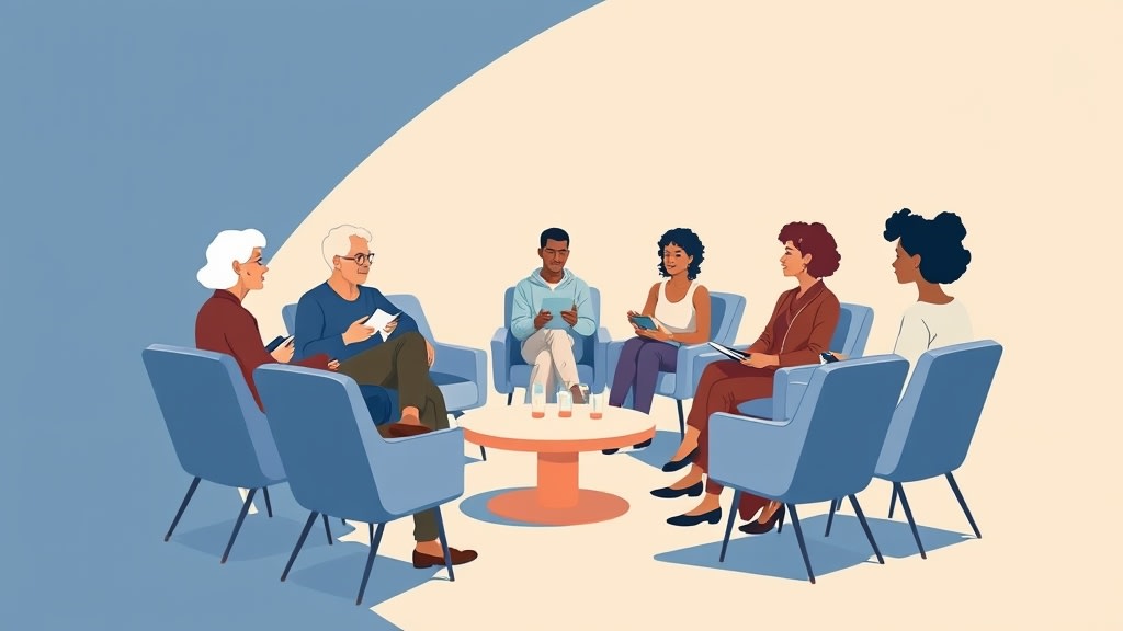 A small team of church volunteers sitting in a circle of chairs in a casual team meeting
