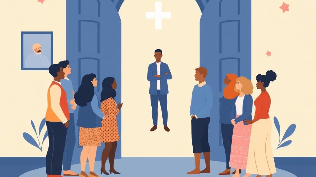 A friendly deacon standing in the open blue front door of a small white church with a concerned warm expression, watching a single woman quietly walk away down the path toward a sunlit parking lot