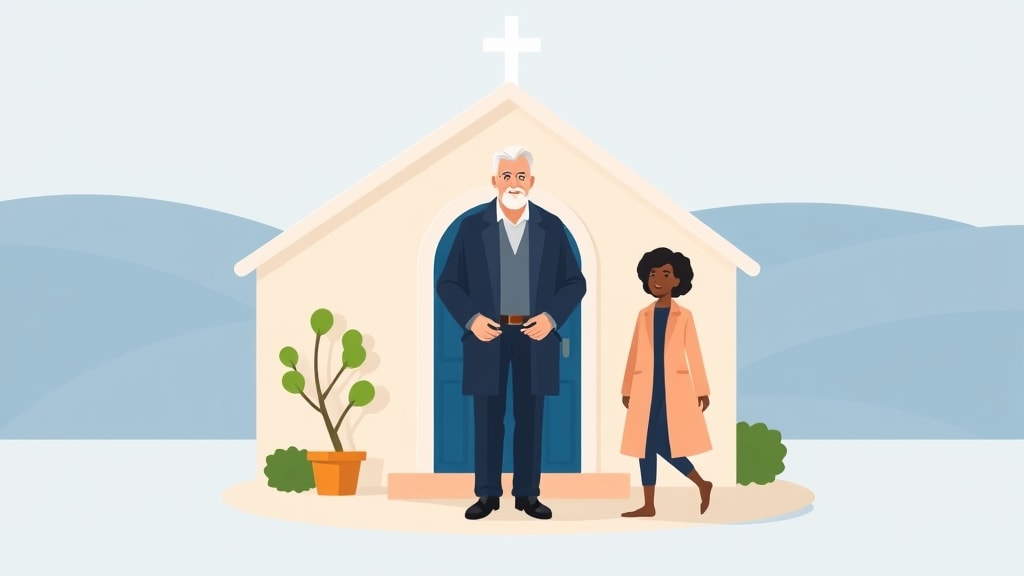 A friendly deacon standing in the open blue front door of a small white church with a concerned warm expression, watching a single woman quietly walk away down the path toward a sunlit parking lot